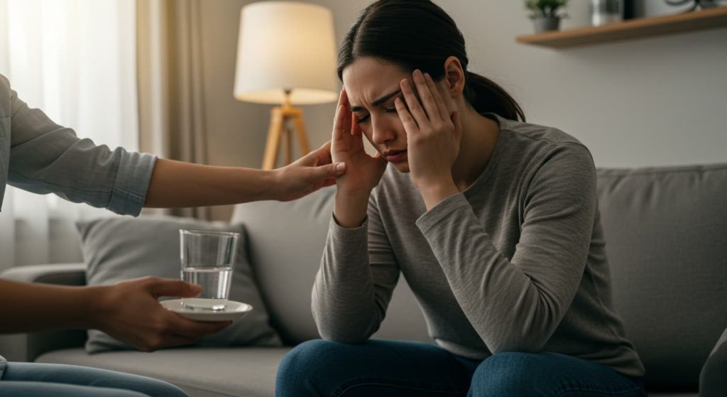 A woman sitting on a couch, holding her head in discomfort, indicating she is experiencing a migraine.