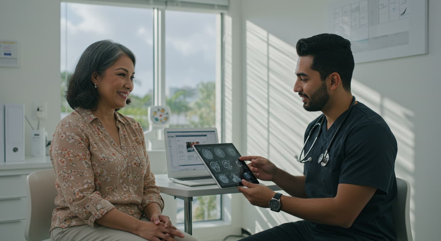 A doctor consults with a patient in a medical office, discussing Alzheimer's Disease and treatment options.