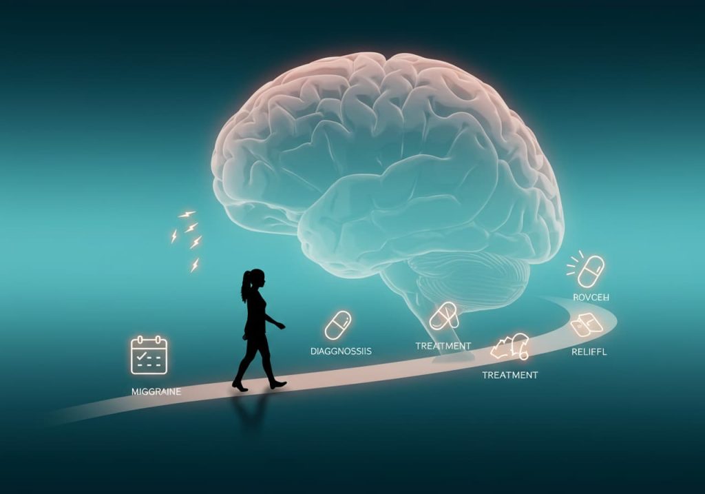A woman walks down a path, accompanied by a brain and migraine-related icons, symbolizing the impact of migraines.
