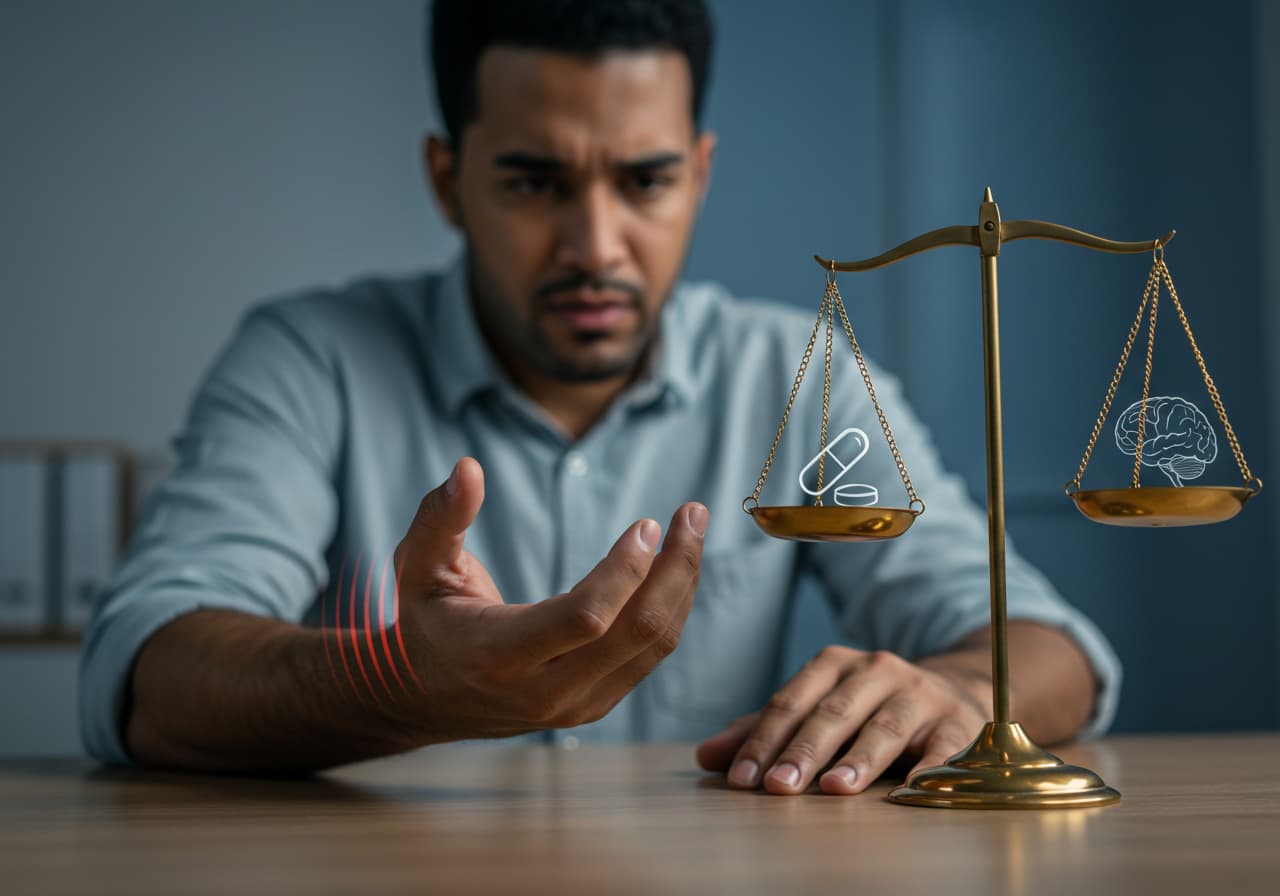 Man holding a balance scale with a brain on one side and a hand on the other, symbolizing the impact of Parkinson's Disease.